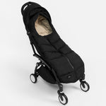 FINNSON ALMA BLACK FOOTMUFF SIDE SHOT ATTACHED TO PRAM