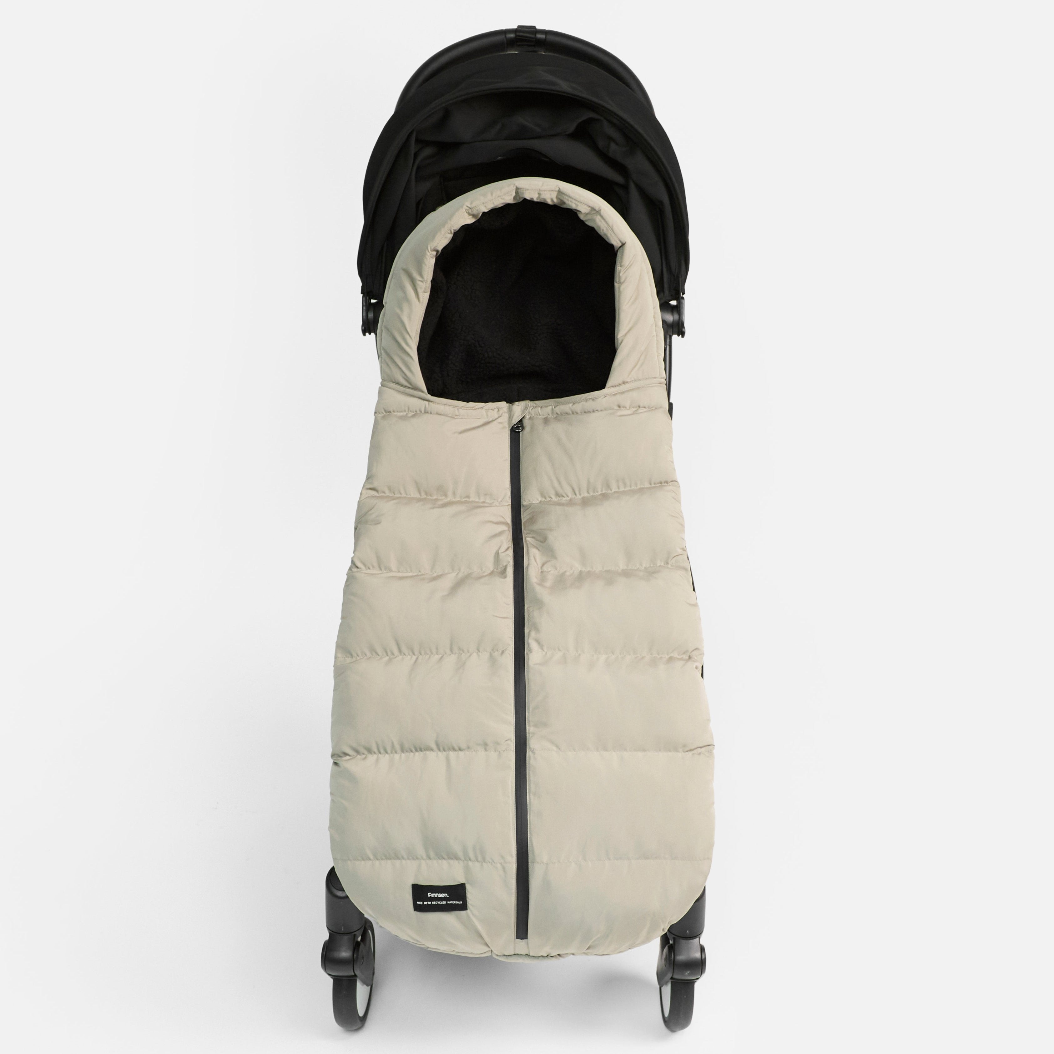 FINNSON ALMA TAUPE FOOTMUFF FRONT SHOT ON PRAM