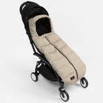 FINNSON ALMA TAUPE FOOTMUFF SIDE SHOT ATTACHED TO PRAM