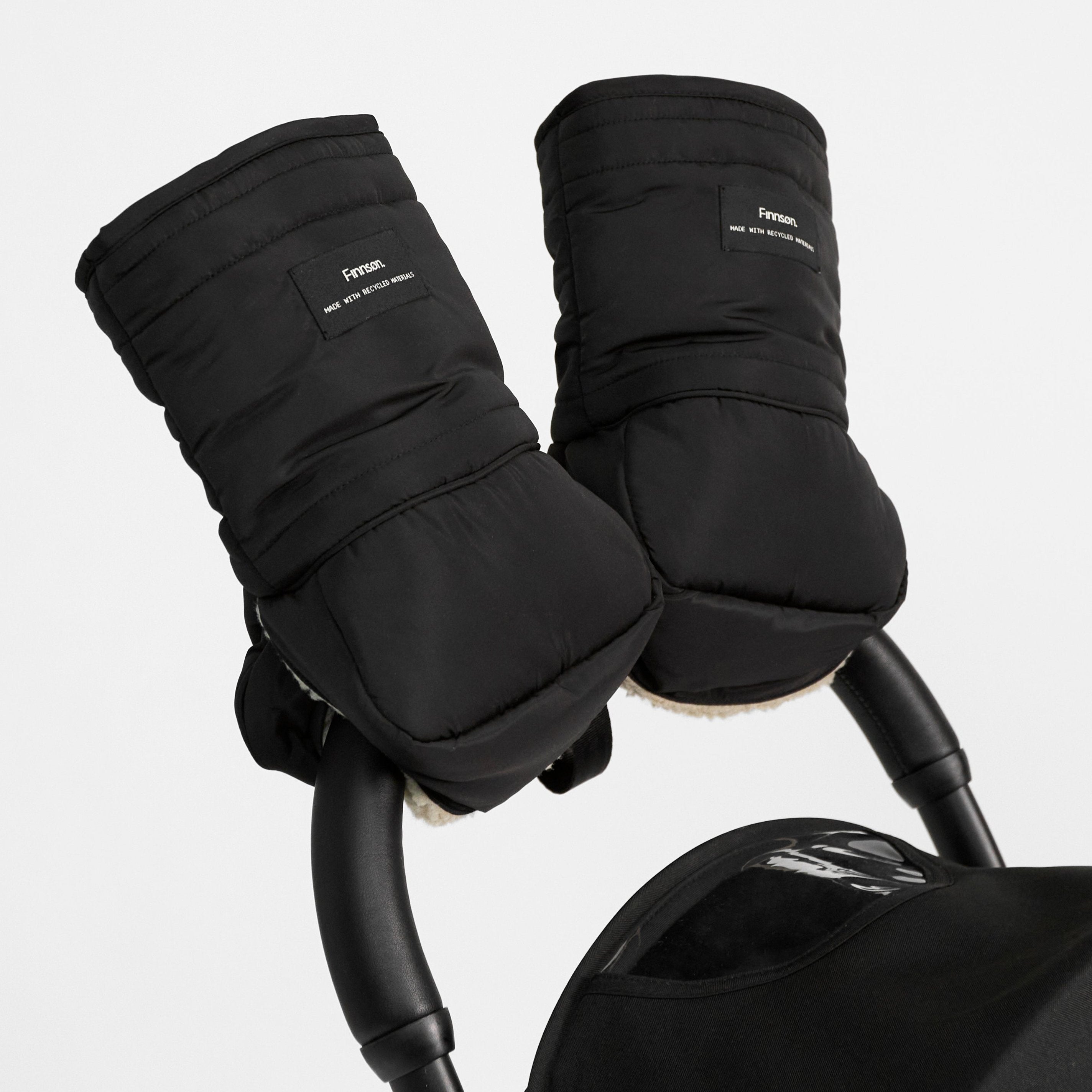FINNSON ASTRID BLACK STROLLER MITTENS ATTACHED TO PRAM