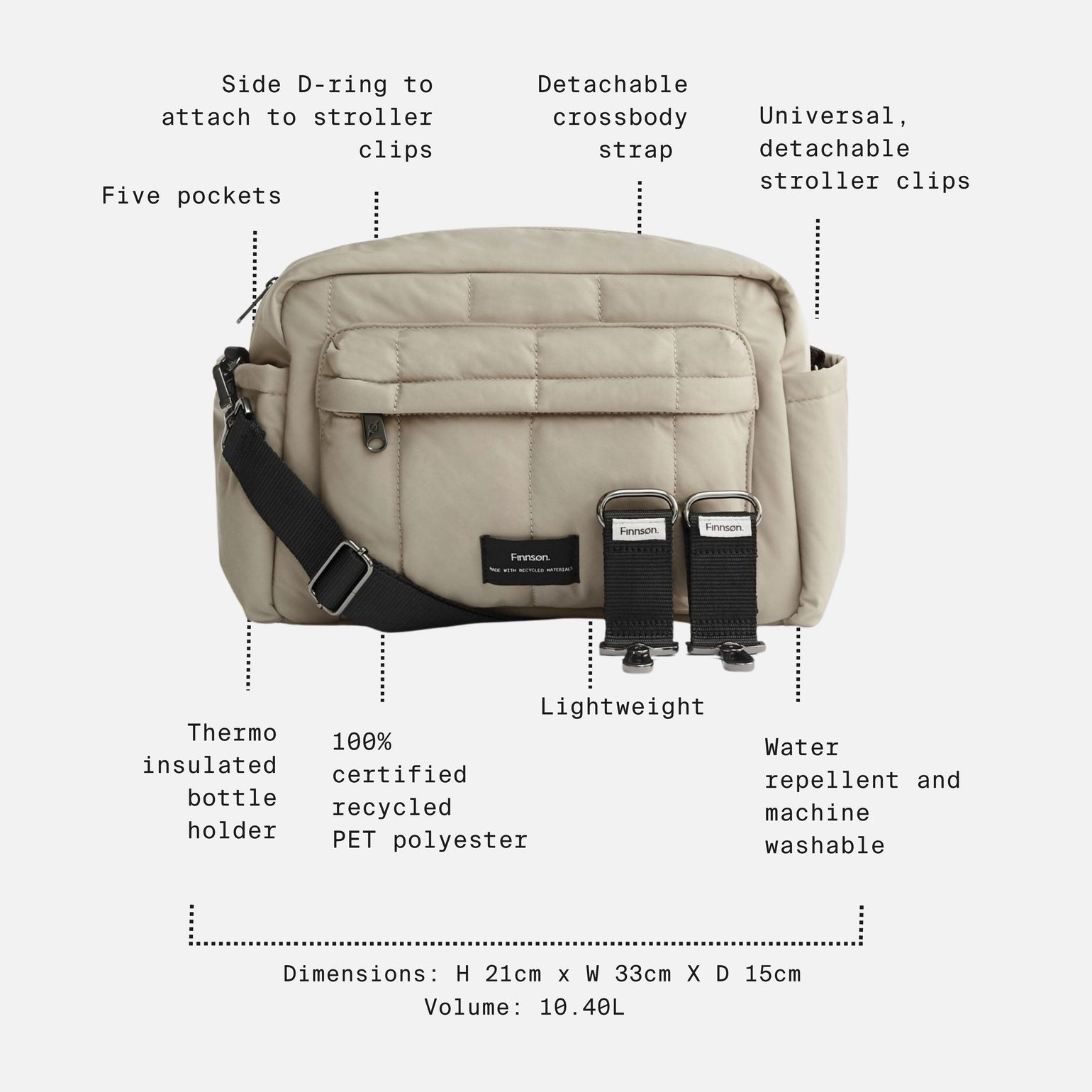 Freya taupe bag with black straps and hardware, shown with multiple callout lines and text labels describing features and dimensions on a light gray background.