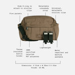 Freya mocha bag shown on a light gray background with multiple callout lines and text describing features such as five pockets, detachable crossbody strap, side D-ring attachment, lightweight design, water repellent and machine washable fabric, and dimensions/volume.