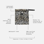 Elias leopard-print reusable bag shown on a light gray background with callout lines and text describing its features, including lightweight and durable, water repellent and machine washable, waterproof lined, 100% certified recycled PET Polyester, and dimensions.