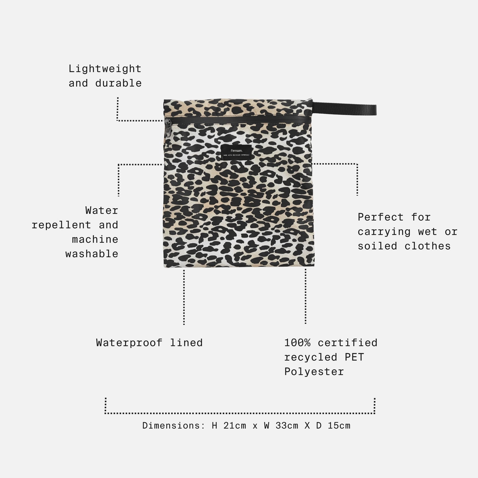 Elias leopard-print reusable bag shown on a light gray background with callout lines and text describing its features, including lightweight and durable, water repellent and machine washable, waterproof lined, 100% certified recycled PET Polyester, and dimensions.