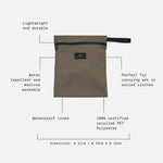 The Elias mocha print wet bag with callout labels pointing to features 