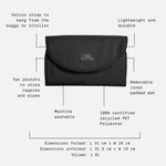 Oslo changing mat black with overlaid feature callouts and dimensions on a light gray background. Text highlights velcro strap, two storage pockets, removable padded inner mat, machine washability, recycled polyester material, and folded/unfolded measurements and volume.