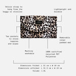 Oslo leopard print with infographic and, surrounded by dotted lines and text labels detailing its features, dimensions, and care instructions.