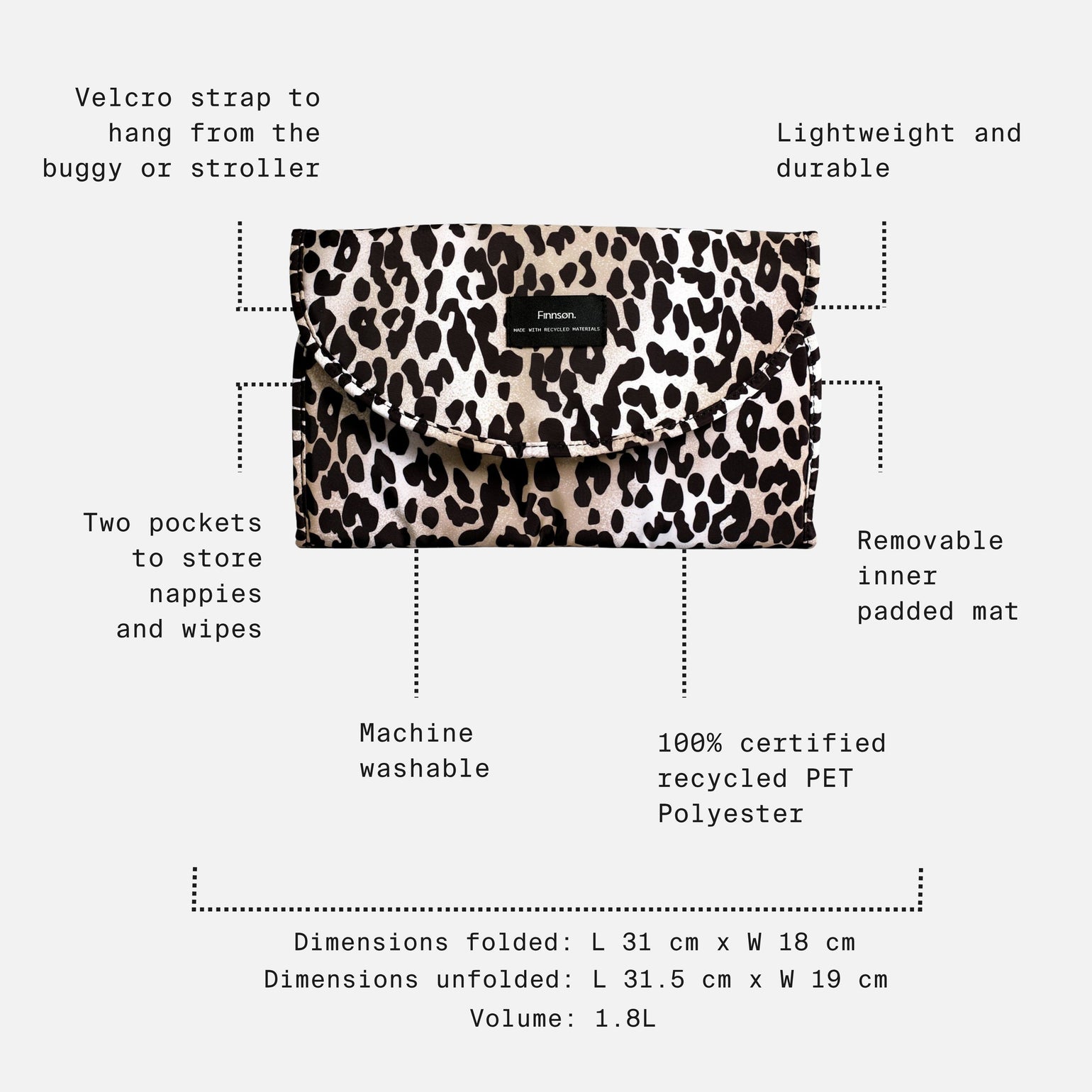 Oslo leopard print with infographic and, surrounded by dotted lines and text labels detailing its features, dimensions, and care instructions.