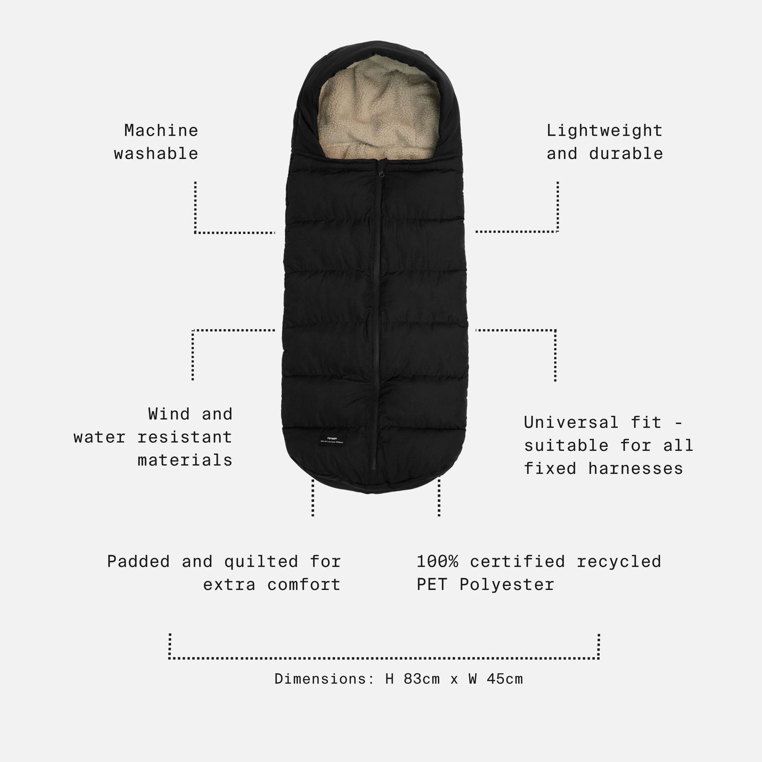 Alma black shown on a light gray background with text callouts describing features such as machine washability, lightweight durability, wind resistance, universal fit, padded quilting, and recycled polyester material. Dimensions are listed at the bottom.