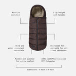 Alma Choc Leopard print universal pram footmuff  shown on a light gray background with text callouts describing features such as machine washability, lightweight durability, wind resistance, and recycled polyester material.