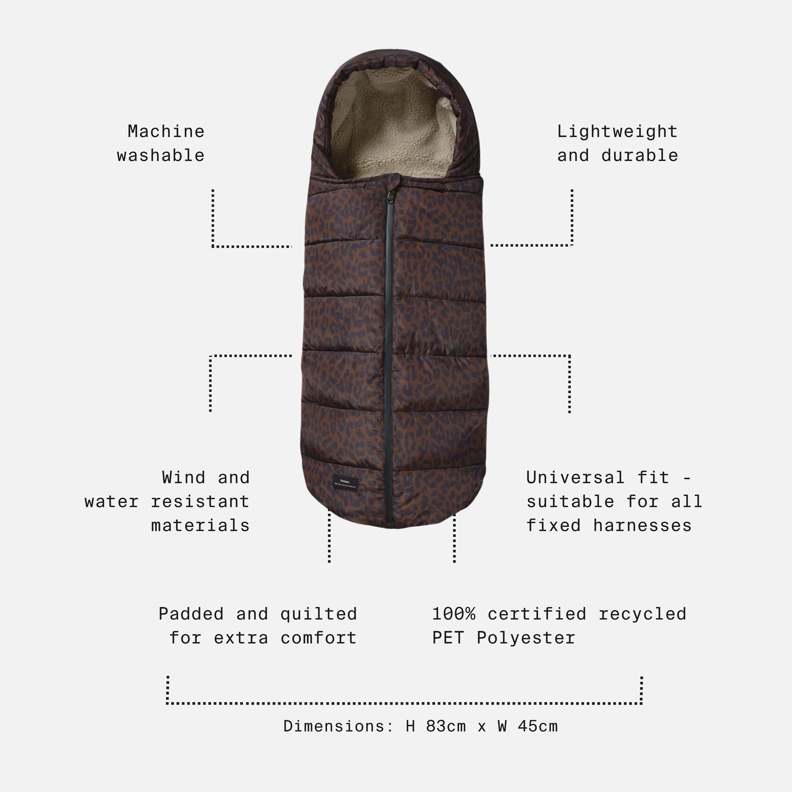 Alma Choc Leopard print universal pram footmuff  shown on a light gray background with text callouts describing features such as machine washability, lightweight durability, wind resistance, and recycled polyester material.