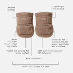 Astrid Beige stroller mittens with text callouts describing features such as machine washability, lightweight durability, wind and water resistance, universal fit, and recycled polyester material, on a light gray background.
