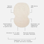 Astor cream pram liner shown on a light gray background with text callouts detailing its features, including machine washability, hypoallergenic properties, breathable temperature regulation, moisture absorption, and dimensions.