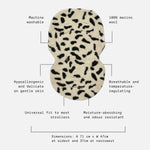 Astor merino wool stroller cover with a black spotted animal-print pattern, shown on a light gray background with text callouts about its features and dimensions.