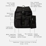 Elise Black changing backpack with features highlighted on a white background