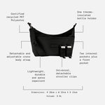 Fia black with text callouts and dotted lines explaining features such as recycled PET polyester material, detachable adjustable strap, thermos-insulated bottle holder capacity, internal pockets, and dimensions.