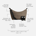 Fia mocha with black straps and black stroller clips, shown with text callouts and dotted lines explaining its features and dimensions on a light gray background.