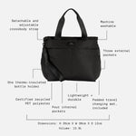 Sigrid black bag with overlaid feature callouts and dimensions on a light gray background.