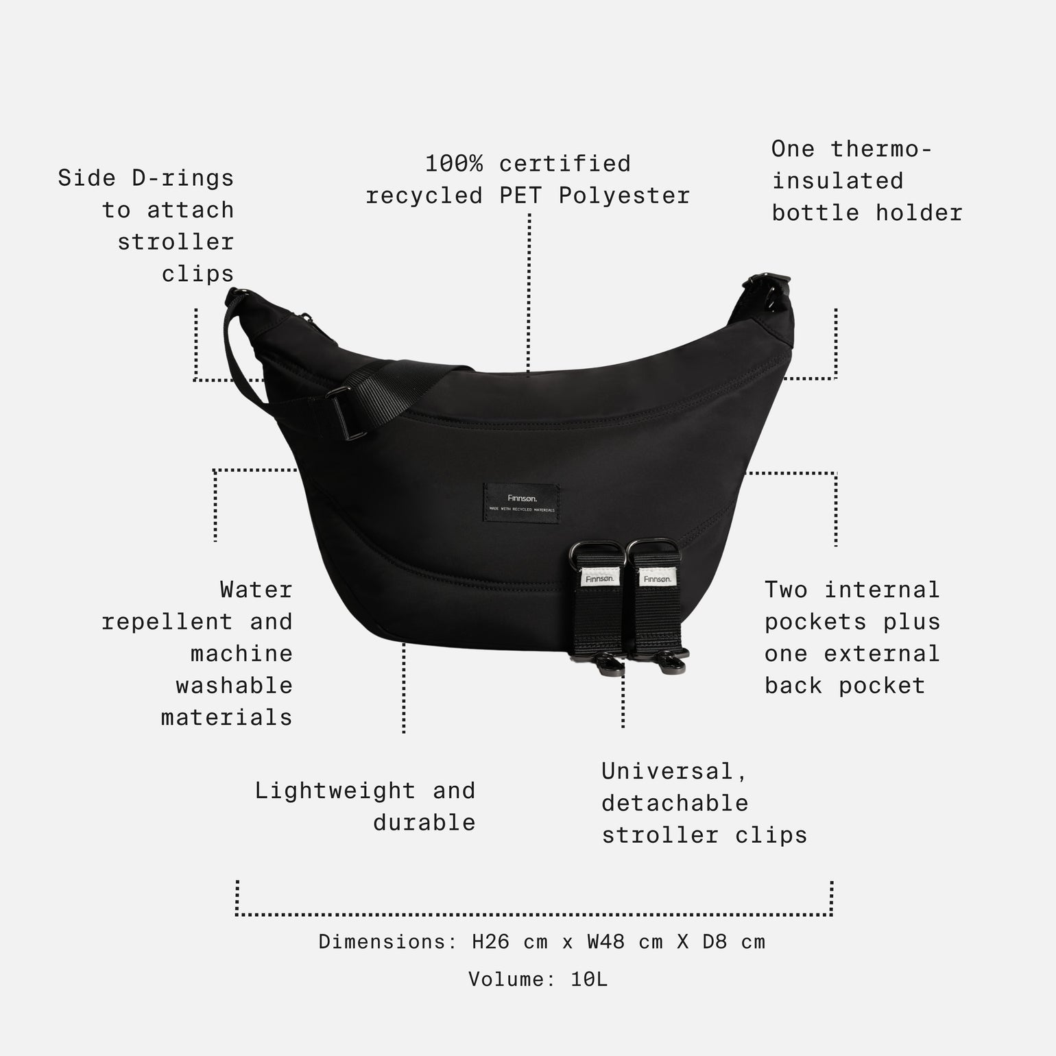 Osma black bag with text callouts and dotted lines explaining features and dimensions on a light gray background.