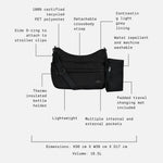 The Finnson Clara changing bag Black with callout labels pointing to features such as detachable crossbody strap, side D-ring, water repellent and machine washable fabric, padded travel changing mat, and multiple pockets on a light gray background.