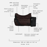The Finnson Clara changing bag Black with callout labels pointing to features such as detachable crossbody strap, side D-ring, water repellent and machine washable fabric, padded travel changing mat, and multiple pockets on a light gray background.