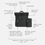 Viggo black backpack-style stroller bag shown on a light gray background with callout lines and text describing features such as padded back panel, side D-ring, thermally insulated bottle holder, and dimensions and volume.