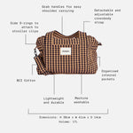Sanna gingham check patterned bag on a light gray background with surrounding callout text and dotted lines explaining features