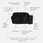 The Finnson Iris baby changing bag is show on a light gray background with callout lines and text describing features such as certified recycled PET polyester, detachable crossbody strap, water repellent and machine washable, thermally insulated bottle holder, lightweight, multiple internal and external pockets, and a padded travel changing mat included.
