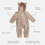 Alf borg beige eco pram suit with features highlighted on a white background