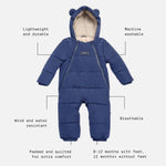 Anders navy snowsuit with features highlighted on a white background