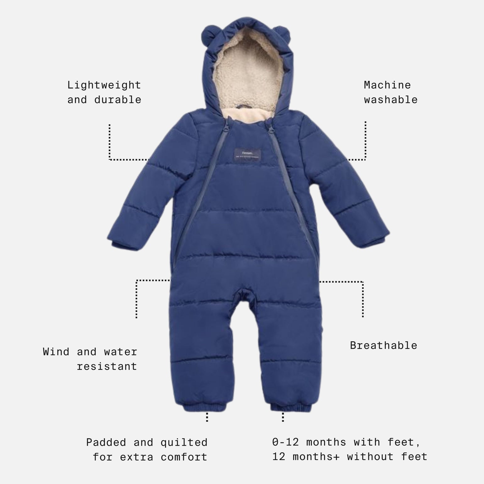 Anders navy snowsuit with features highlighted on a white background