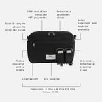 Frida black bag with feature callouts and dimensions on a light gray background.