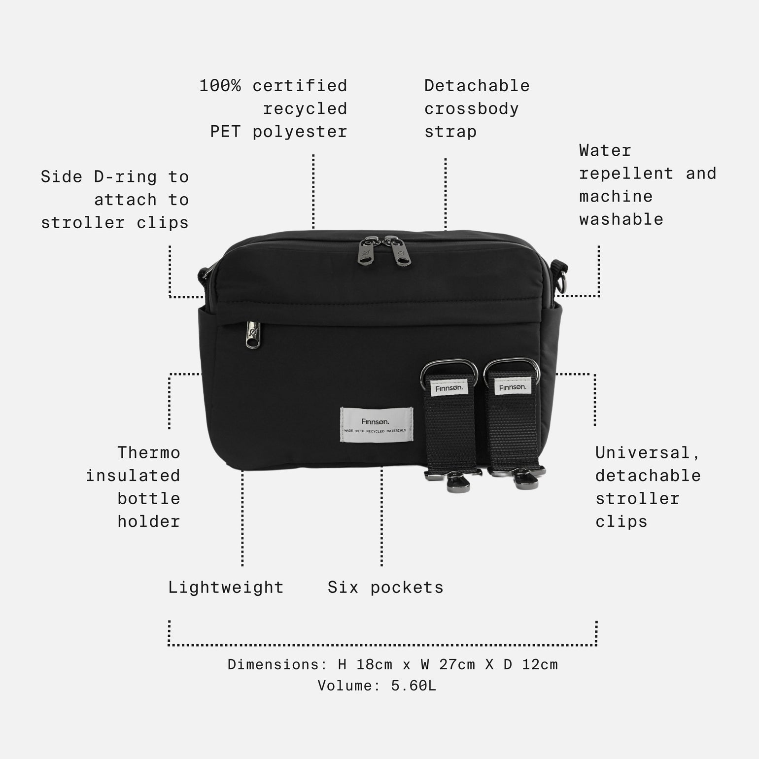 Frida black bag with feature callouts and dimensions on a light gray background.