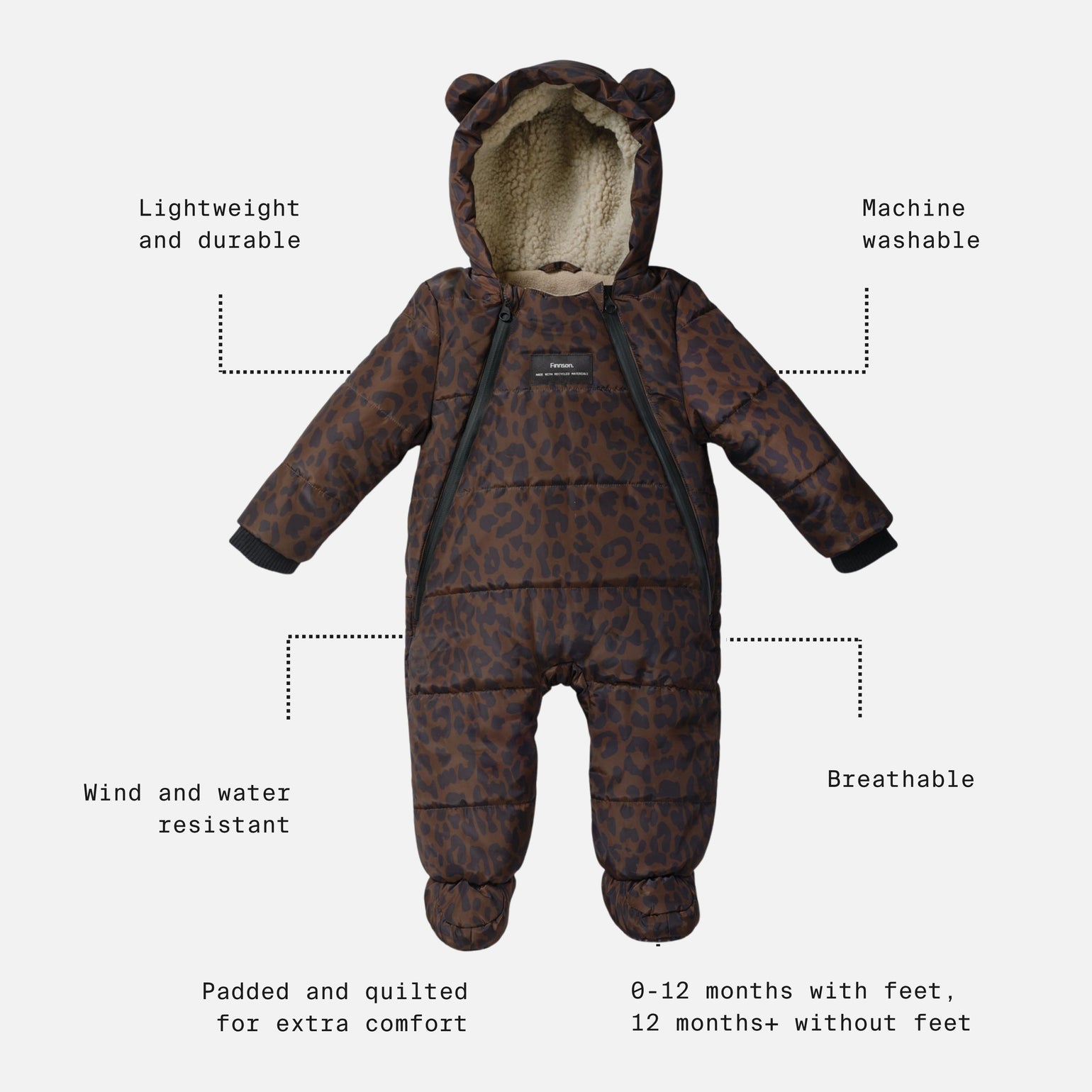 Anders choco leopard print snow suit, featuring a plush cream fleece lining and bear ears on the hood. The image includes text callouts with dotted lines pointing to features like 'Lightweight and durable', 'Machine washable', 'Wind and water resistant', 'Breathable', 'Padded and quilted for extra comfort', and '0-12 months with feet, 12 months+ without feet'.