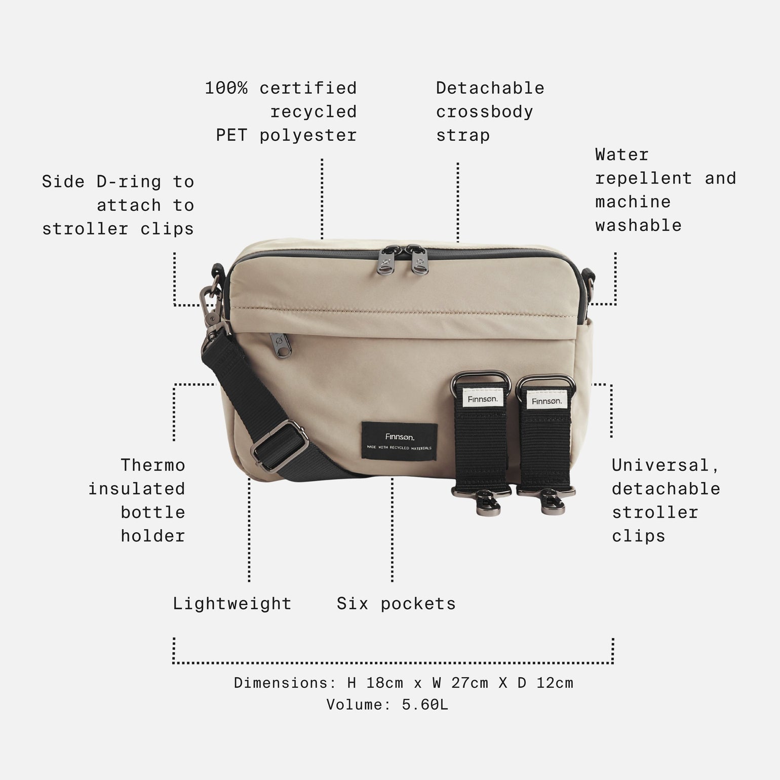 Frida Taupe bag with features listed on a white background