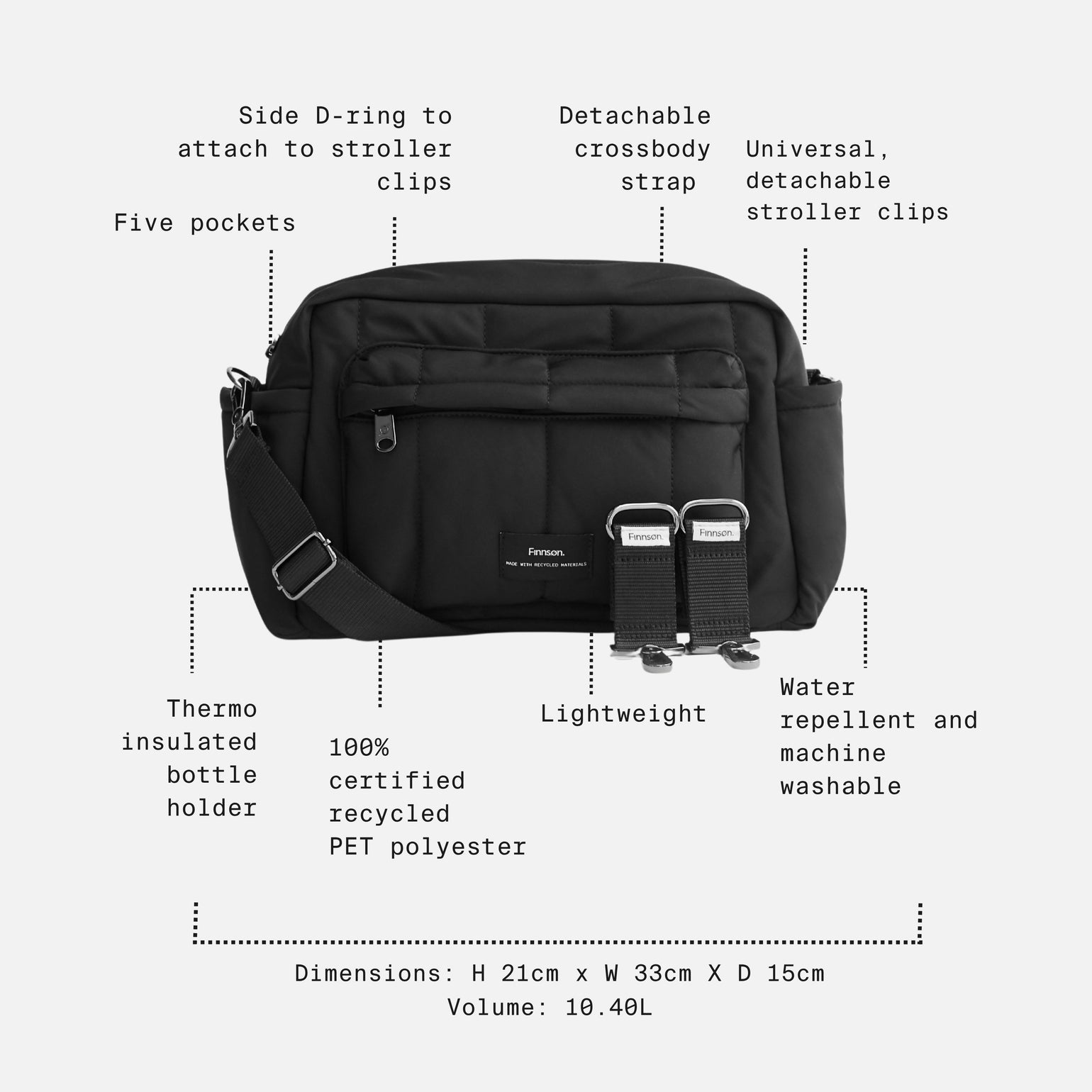 Freya black with multiple feature callouts and dimension labels on a light gray background.