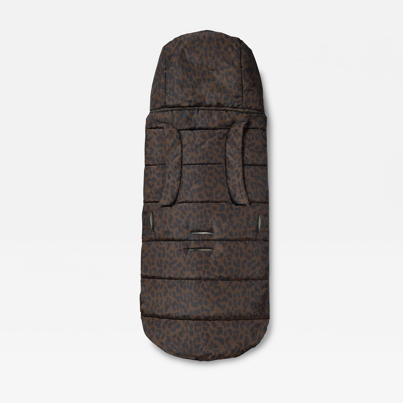 The Alma universal footmuff in chocolate leopard, shown from a top-down view on a light gray background.