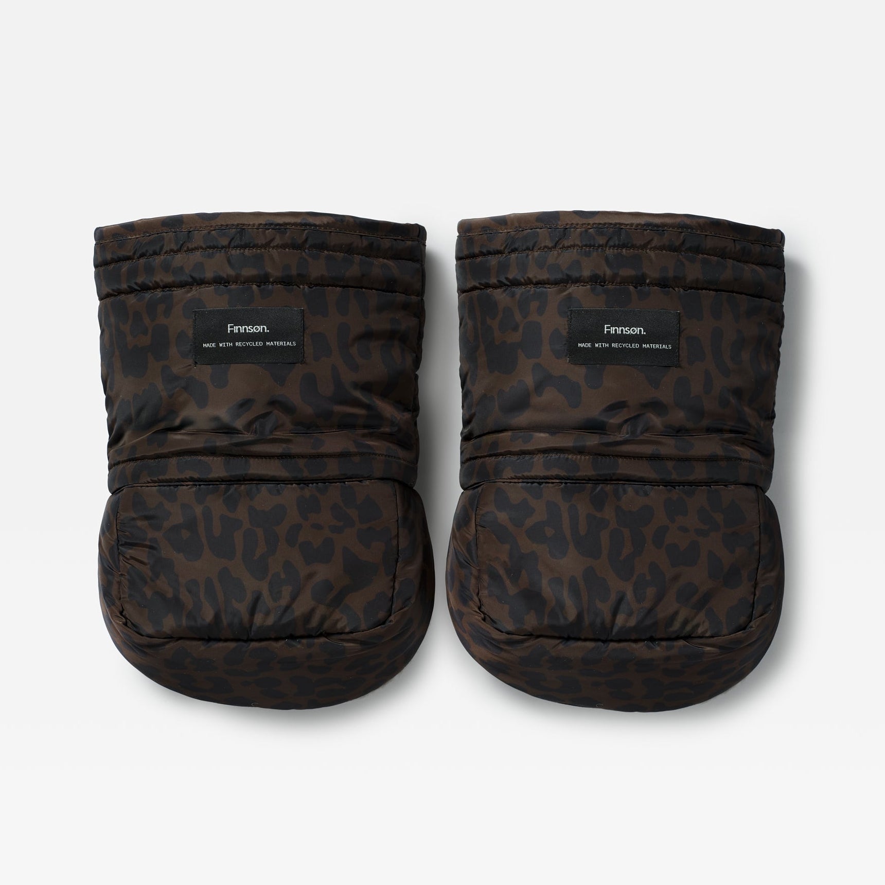 Astrid chocolate leopard-print universal pram stroller mittens with a Finnson branded label on the front, displayed against a clean white background.