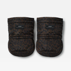 Astrid chocolate leopard-print universal pram stroller mittens with a Finnson branded label on the front, displayed against a clean white background.