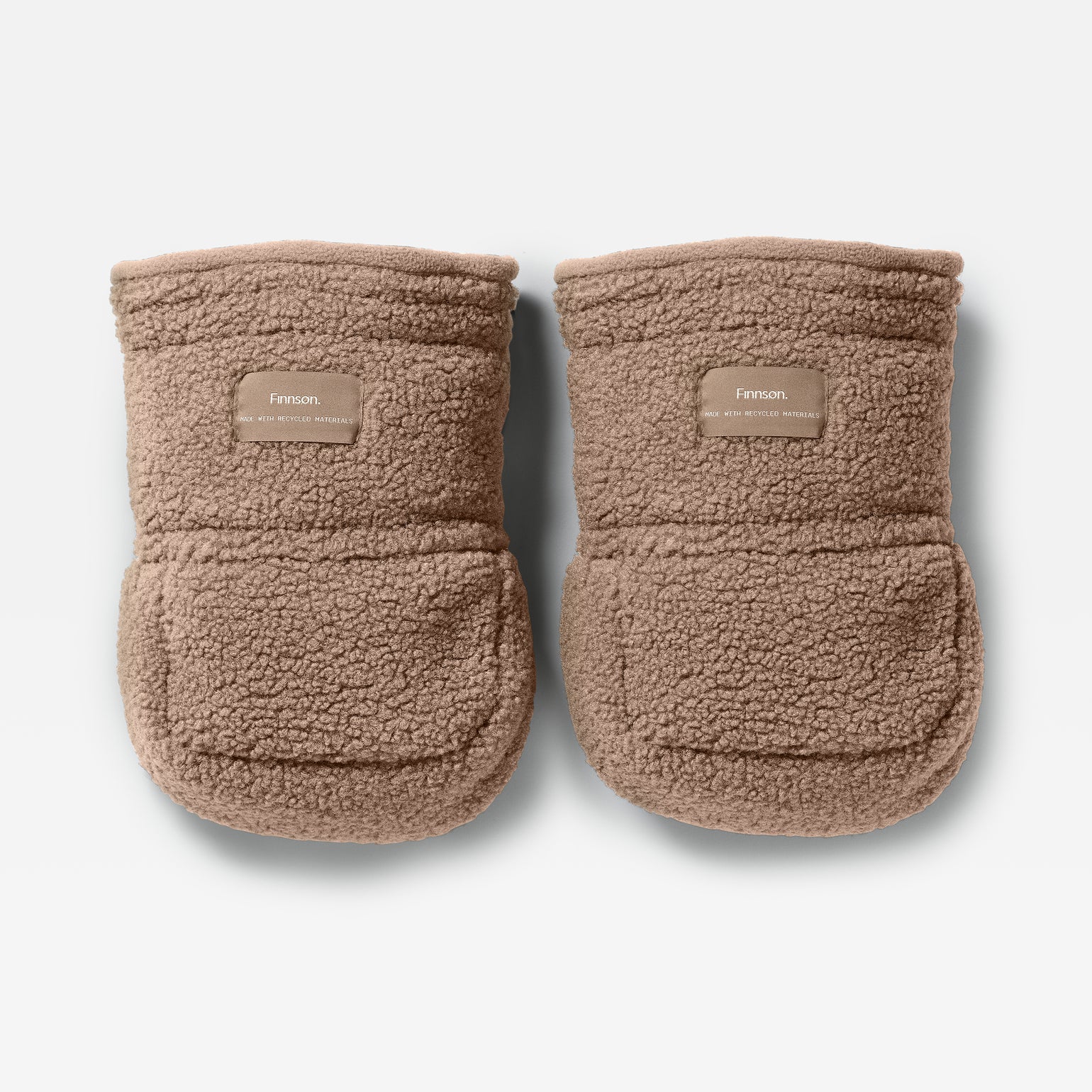 Astrid mocha universal pram stroller mittens with a Finnson branded label on the front, displayed against a clean white background.