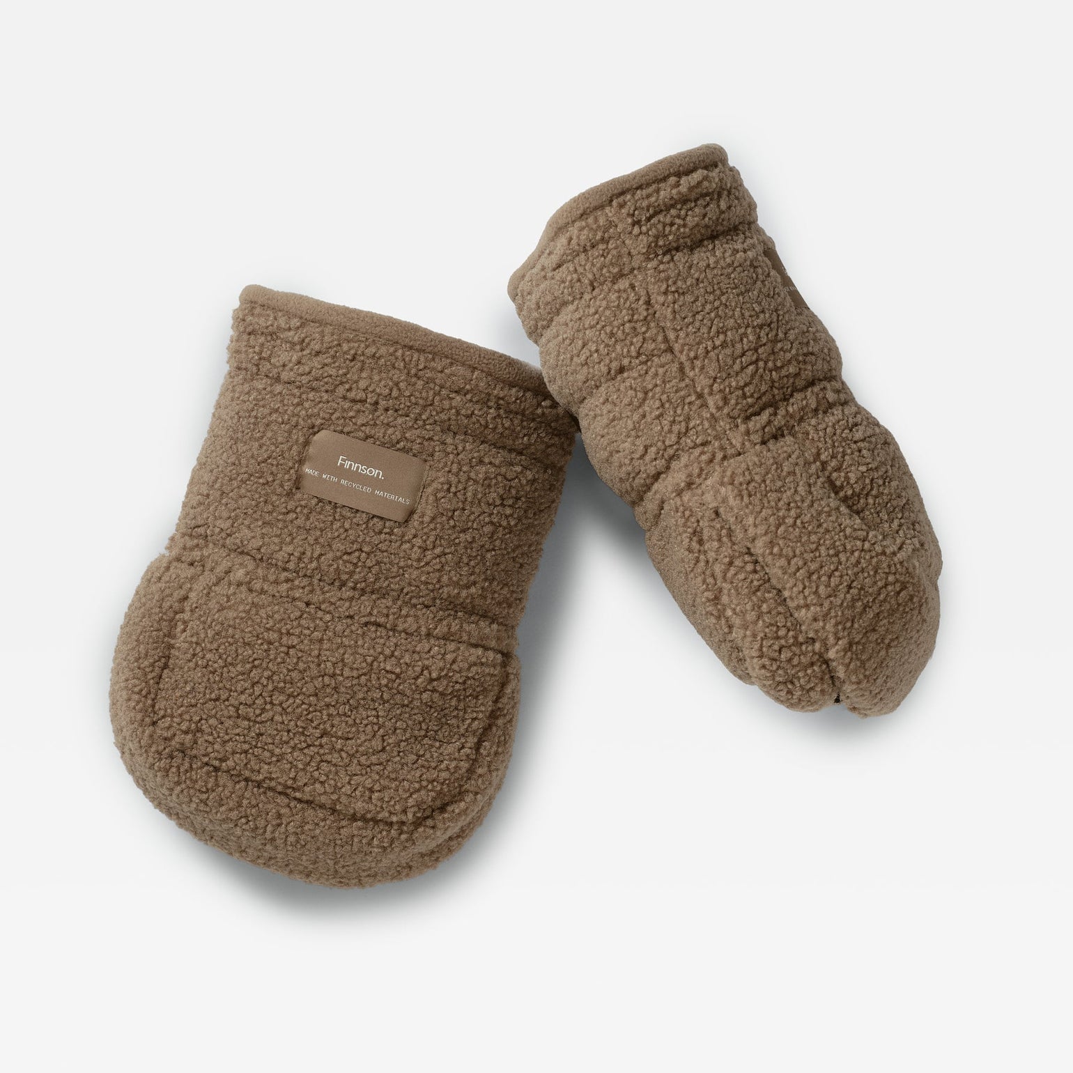A pair of Astrid mocha borg universal pram stroller mittens, displayed on a light gray background.