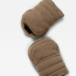 Astrid mocha borg universal pram stroller mittens, textured mocha mittens with quilted horizontal stitching, displayed on a clean white background.