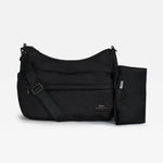 A black nylon shoulder bag with an adjustable strap and a matching black pouch attached to the side, displayed on a clean white background.