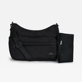 A black nylon shoulder bag with an adjustable strap and a matching black pouch attached to the side, displayed on a clean white background.