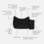 The Finnson Clara changing bag Black with callout labels pointing to features such as detachable crossbody strap, side D-ring, water repellent and machine washable fabric, padded travel changing mat, and multiple pockets on a light gray background.