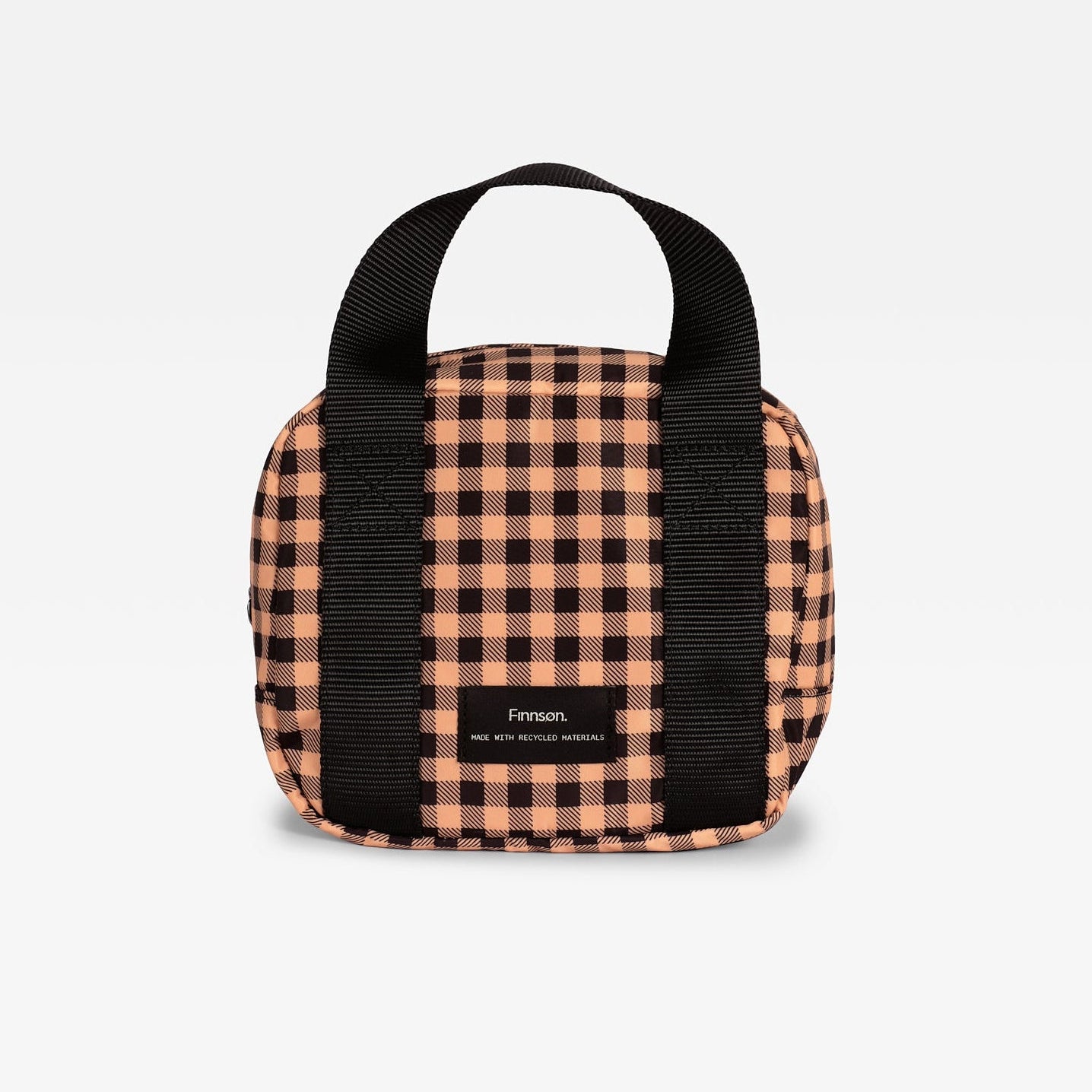 Ebba gingham check patterned lunch/snack cool bag, featuring black webbing handles and a black front label that reads 'Finnson'.