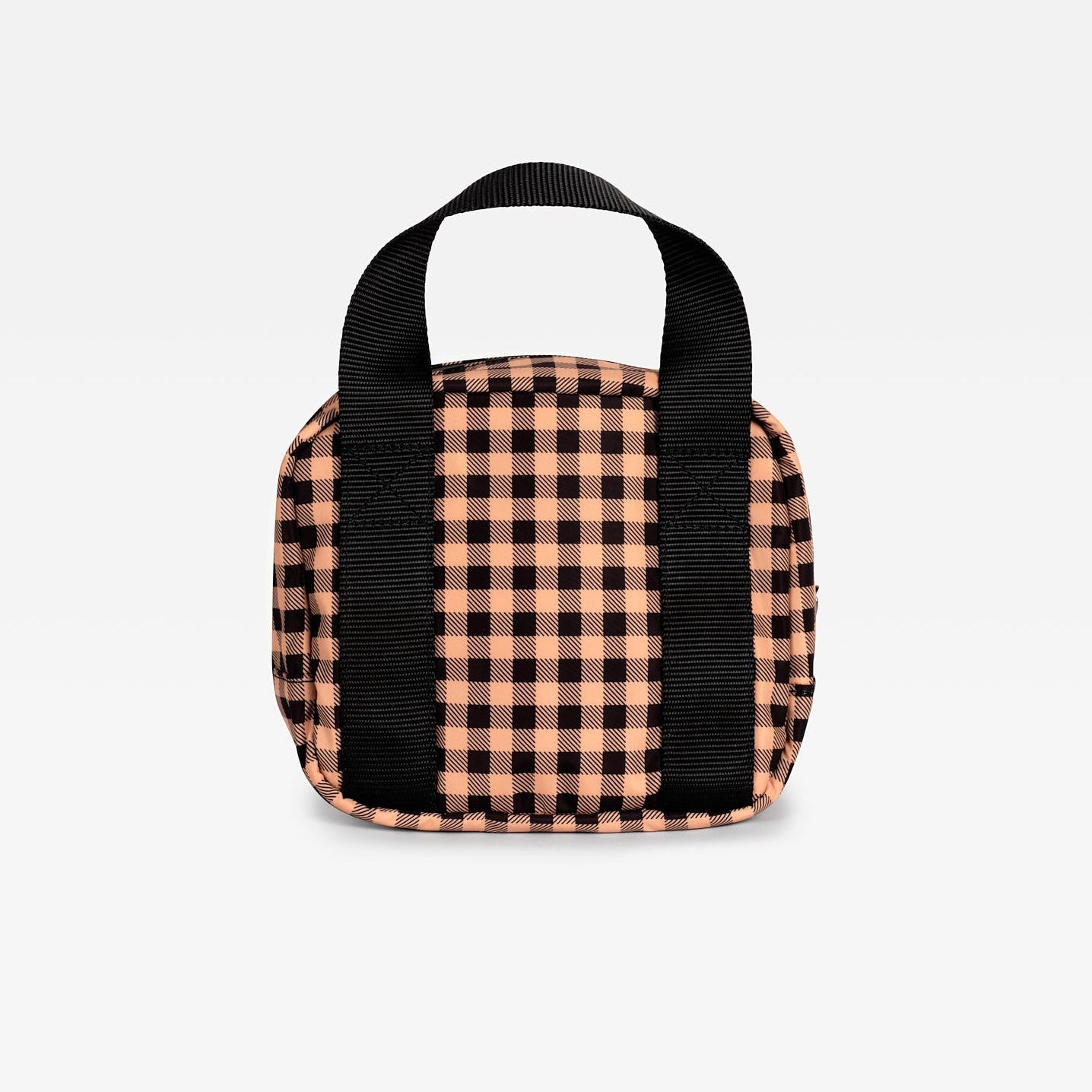 Ebba gingham check patterned lunch/snack cool bag on its back view shown against a light gray background.