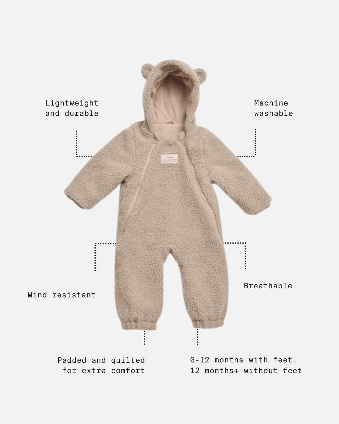 Alf borg beige eco pram suit with features highlighted on a white background