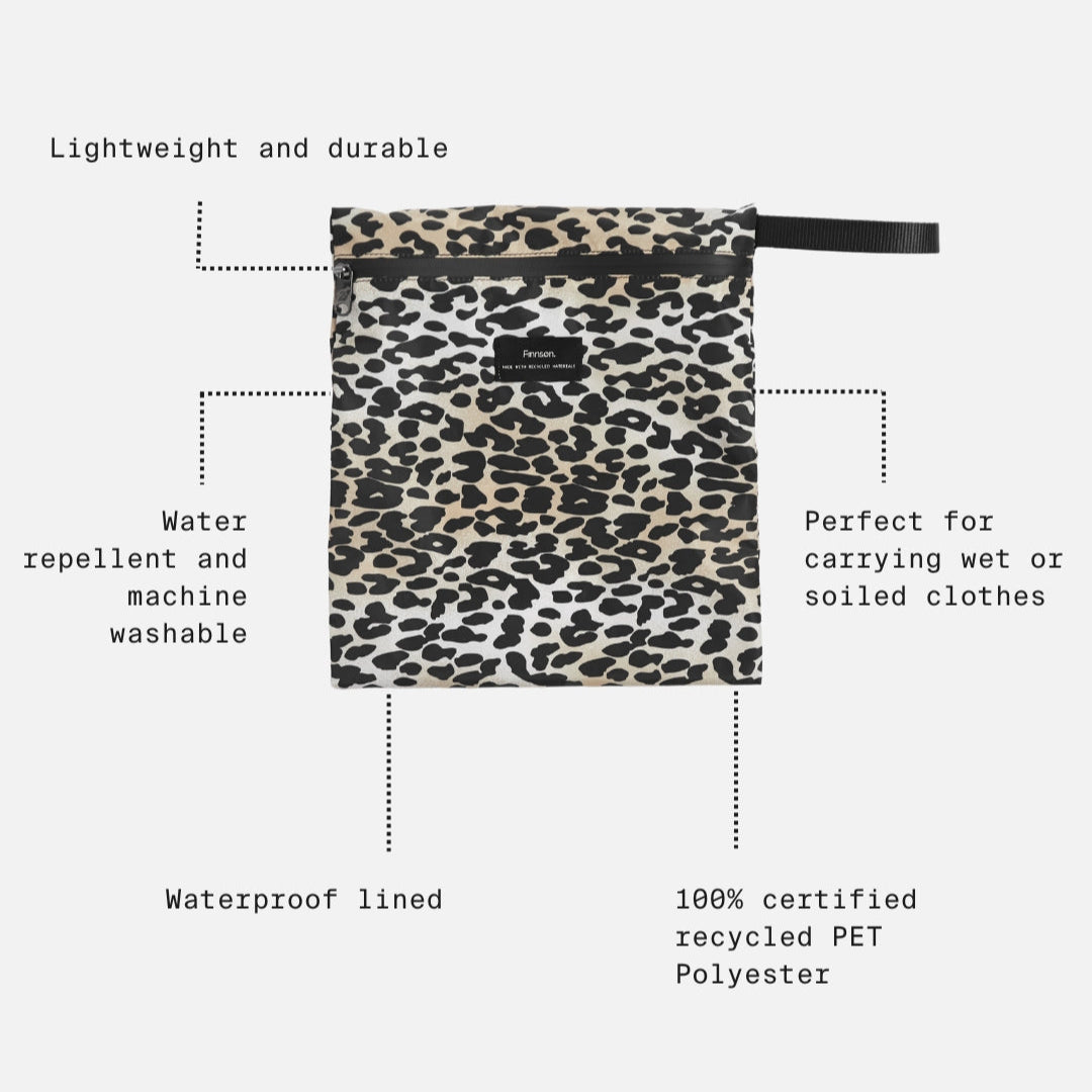 The Elias leopard print wet bag with callout labels pointing to features 