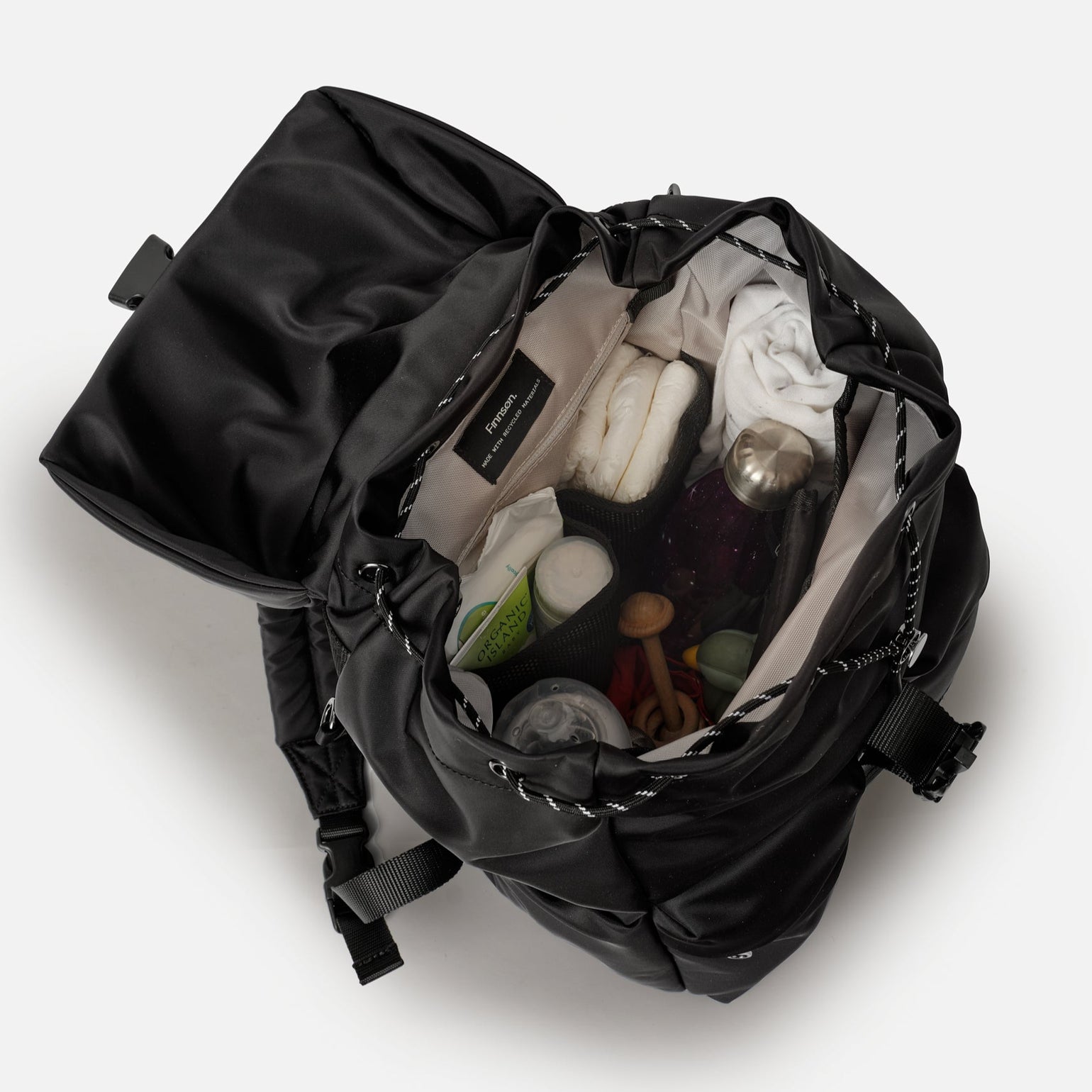 Elise Black changing backpack with contents on a white background